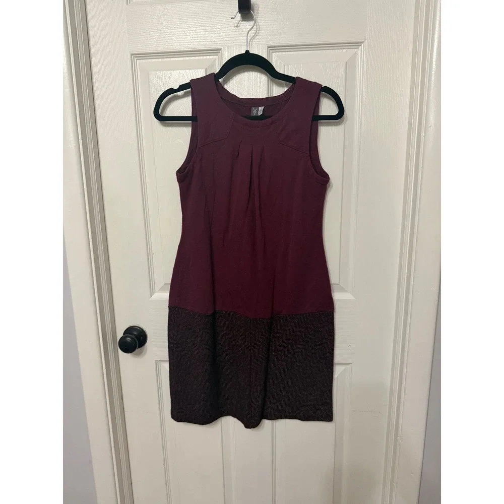 Ibex Merino Wool Sleeveless‎ Dress Burgundy Herringbone Colorblock Pleated Small